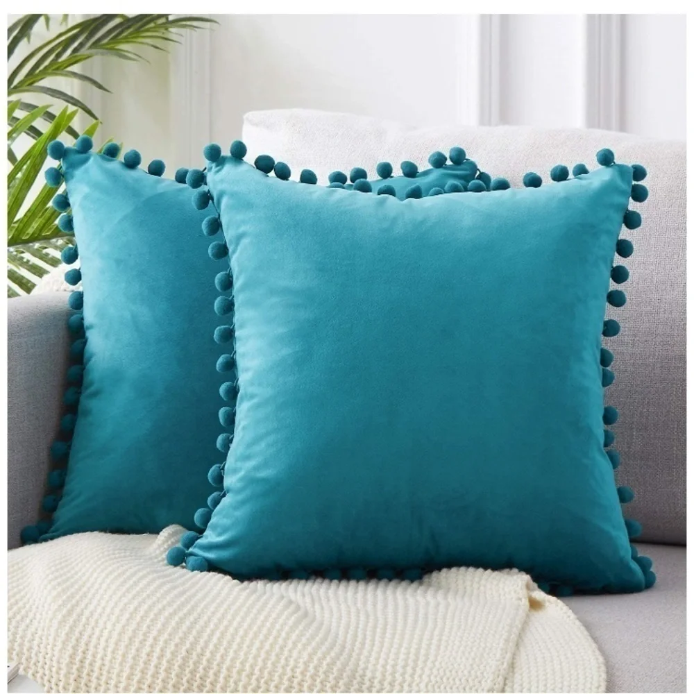 Trendy Navy Blue Modern Farmhouse Style Cute Pompom Throw Pillow Cover Set